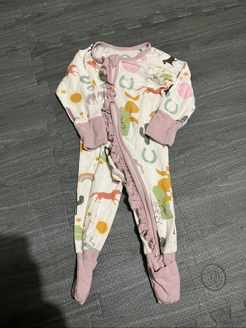 Western Motif Footed Baby One-Piece in Pink and White